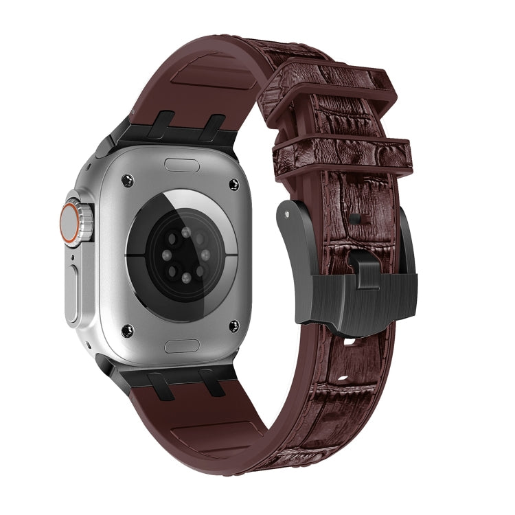 For Apple Watch SE 2023 44mm Crocodile Texture Liquid Silicone Watch Band(Black Dark Brown) - Watch Bands by PMC TechLife | Online Shopping South Africa | PMC TechLife