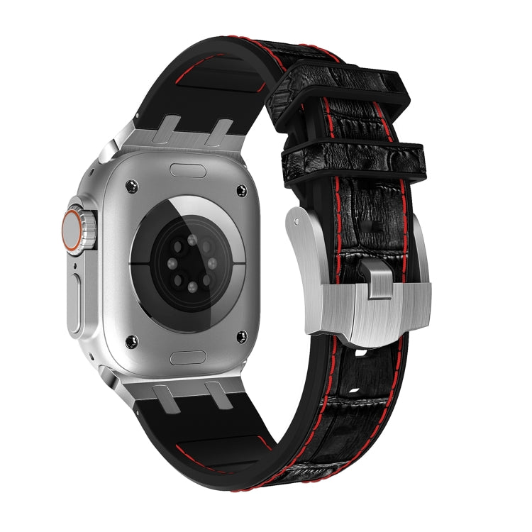 For Apple Watch SE 2023 44mm Crocodile Texture Liquid Silicone Watch Band(Silver Red Black) - Watch Bands by PMC TechLife | Online Shopping South Africa | PMC TechLife