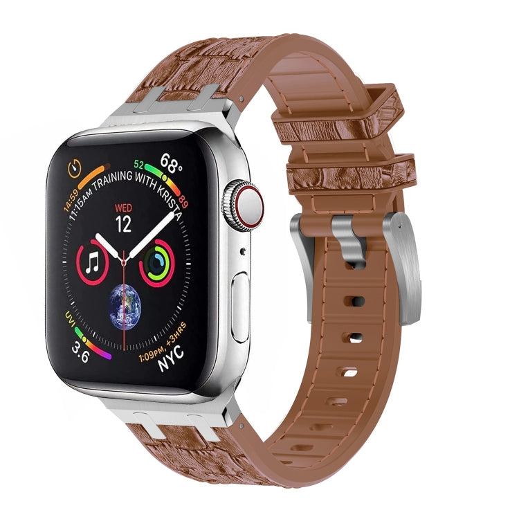 For Apple Watch SE 2023 44mm Crocodile Texture Liquid Silicone Watch Band(Silver Yellow Brown) - Watch Bands by PMC TechLife | Online Shopping South Africa | PMC TechLife