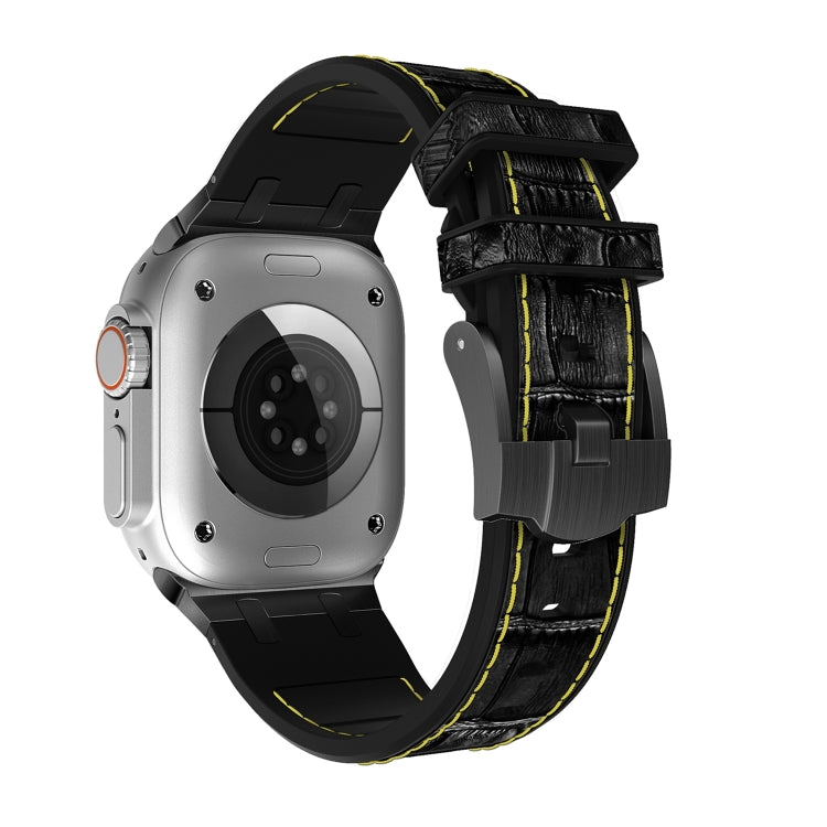 For Apple Watch Series 9 45mm Crocodile Texture Liquid Silicone Watch Band(Black Yellow Black) - Watch Bands by PMC TechLife | Online Shopping South Africa | PMC TechLife