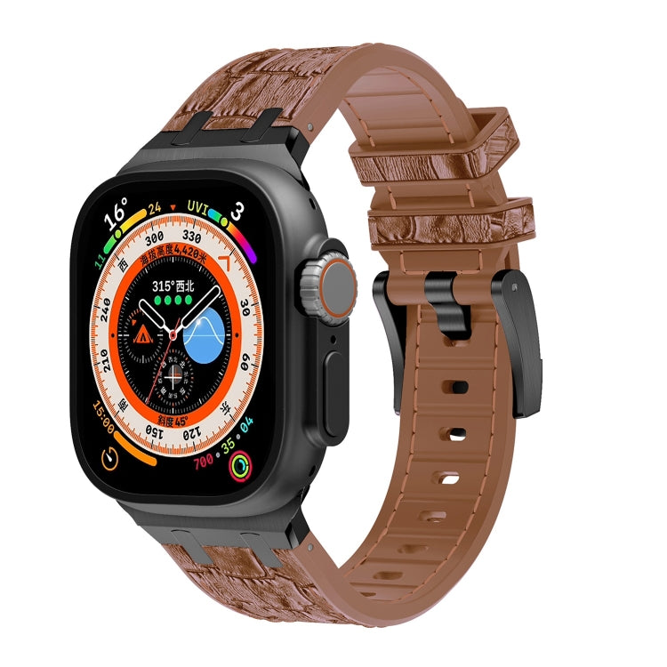 For Apple Watch Ultra 49mm Crocodile Texture Liquid Silicone Watch Band(Black Yellow Brown) - Watch Bands by PMC TechLife | Online Shopping South Africa | PMC TechLife