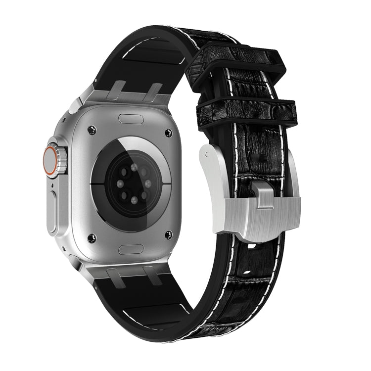 For Apple Watch Ultra 49mm Crocodile Texture Liquid Silicone Watch Band(Silver White Black) - Watch Bands by PMC TechLife | Online Shopping South Africa | PMC TechLife