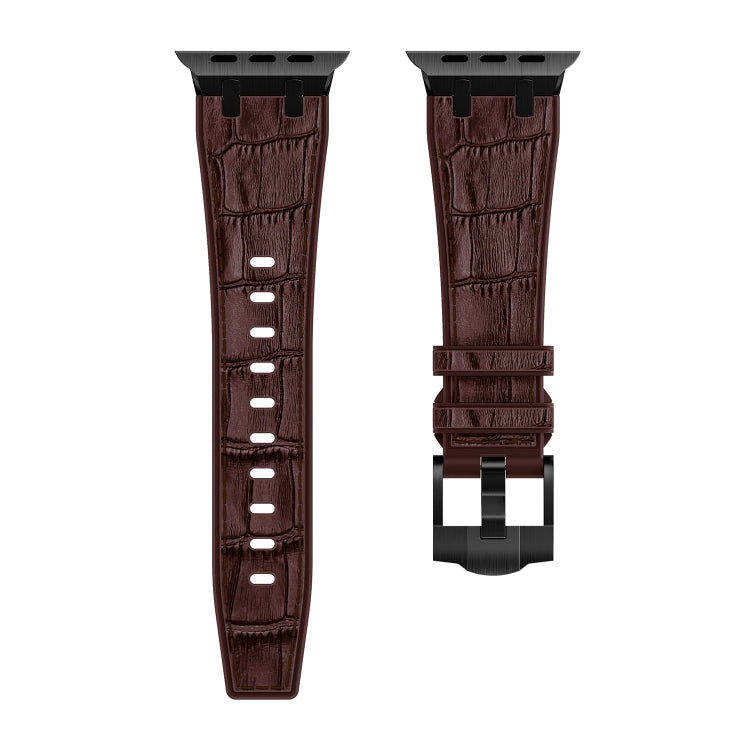 For Apple Watch Series 8 45mm Crocodile Texture Liquid Silicone Watch Band(Black Dark Brown) - Watch Bands by PMC TechLife | Online Shopping South Africa | PMC TechLife