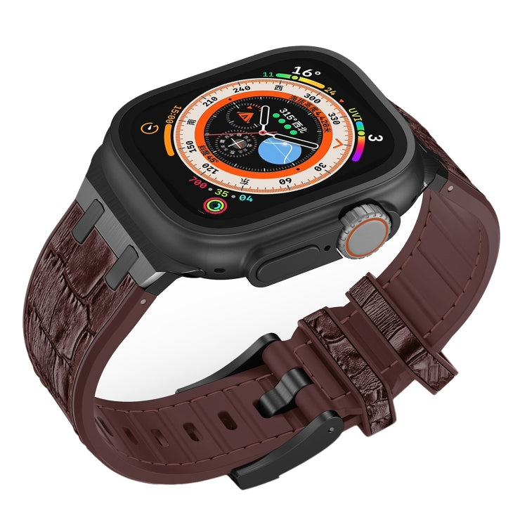 For Apple Watch Series 8 45mm Crocodile Texture Liquid Silicone Watch Band(Black Dark Brown) - Watch Bands by PMC TechLife | Online Shopping South Africa | PMC TechLife