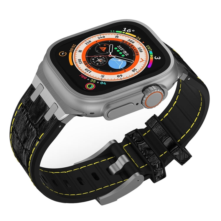 For Apple Watch Series 8 45mm Crocodile Texture Liquid Silicone Watch Band(Silver Yellow Black) - Watch Bands by PMC TechLife | Online Shopping South Africa | PMC TechLife