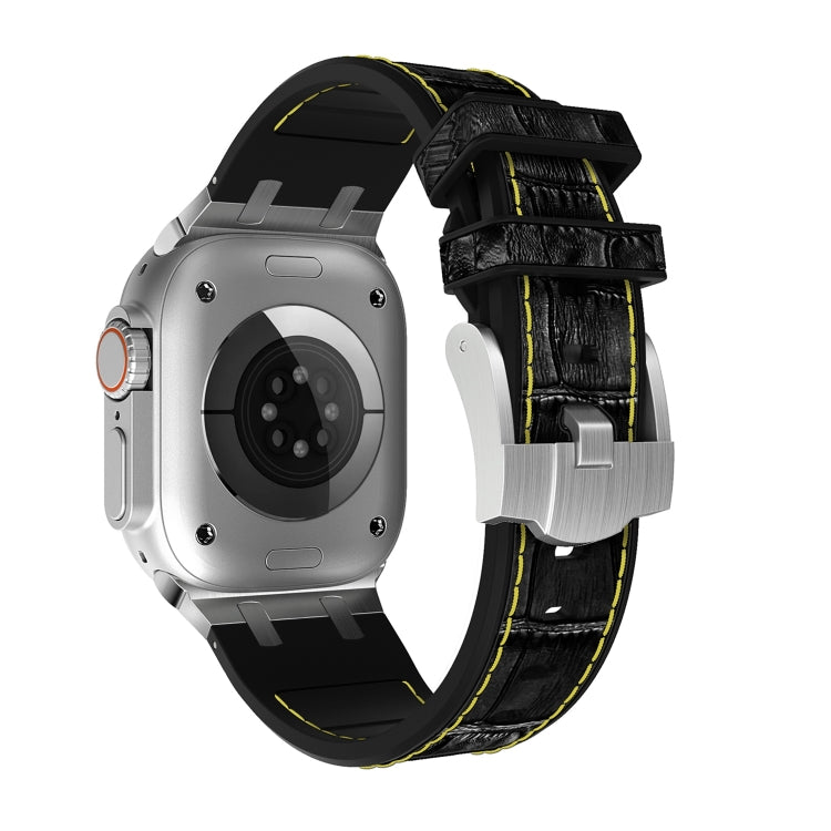 For Apple Watch Series 8 45mm Crocodile Texture Liquid Silicone Watch Band(Silver Yellow Black) - Watch Bands by PMC TechLife | Online Shopping South Africa | PMC TechLife