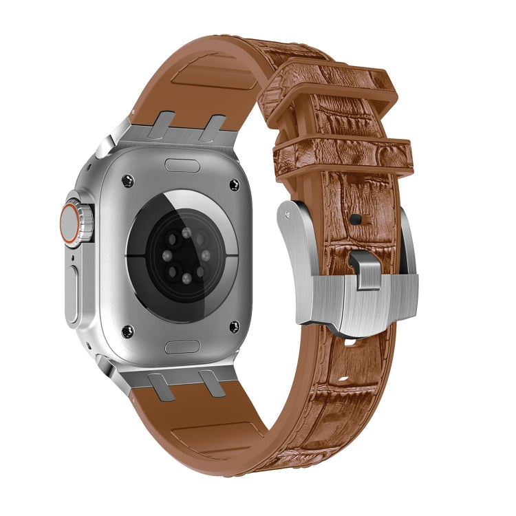 For Apple Watch Series 8 45mm Crocodile Texture Liquid Silicone Watch Band(Silver Yellow Brown) - Watch Bands by PMC TechLife | Online Shopping South Africa | PMC TechLife