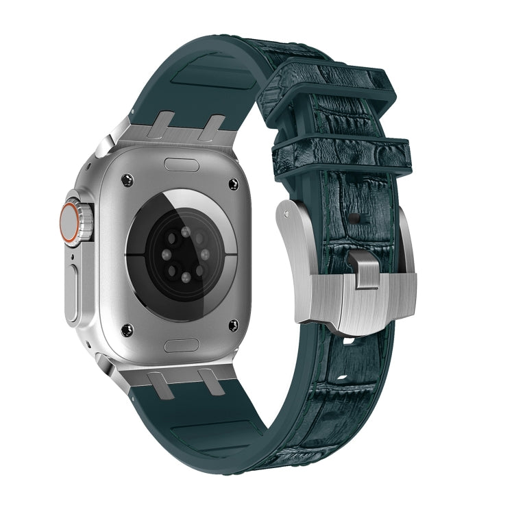 For Apple Watch Series 8 45mm Crocodile Texture Liquid Silicone Watch Band(Silver Deep Green) - Watch Bands by PMC TechLife | Online Shopping South Africa | PMC TechLife