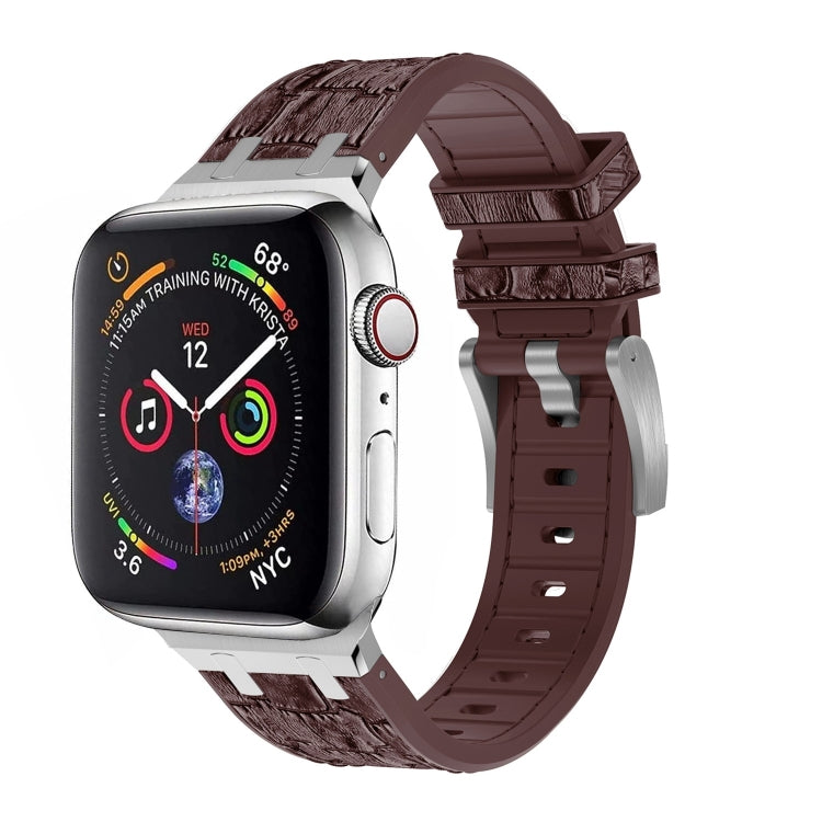 For Apple Watch SE 2022 44mm Crocodile Texture Liquid Silicone Watch Band(Silver Dark Brown) - Watch Bands by PMC TechLife | Online Shopping South Africa | PMC TechLife