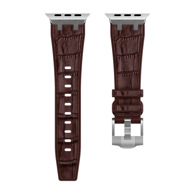 For Apple Watch Series 7 41mm Crocodile Texture Liquid Silicone Watch Band(Silver Dark Brown) - Watch Bands by PMC TechLife | Online Shopping South Africa | PMC TechLife
