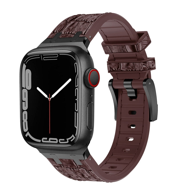 For Apple Watch Series 7 45mm Crocodile Texture Liquid Silicone Watch Band(Black Dark Brown) - Watch Bands by PMC TechLife | Online Shopping South Africa | PMC TechLife
