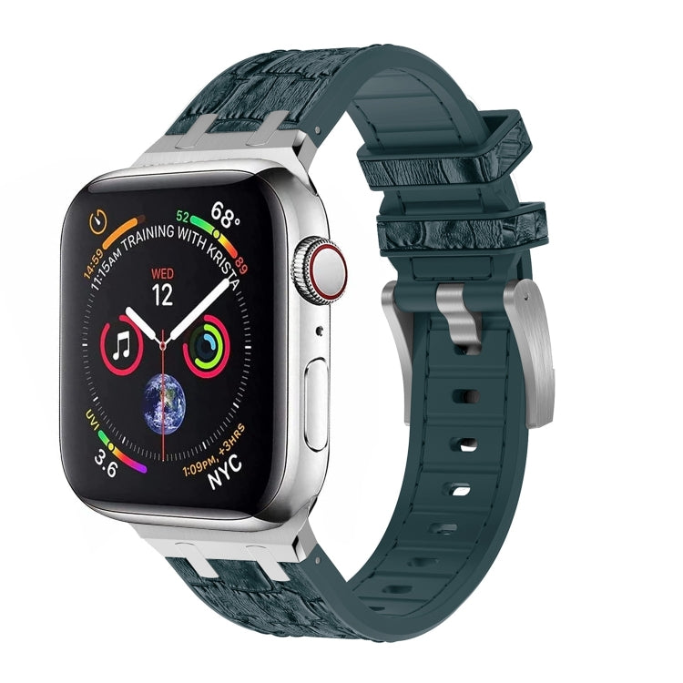 For Apple Watch Series 3 38mm Crocodile Texture Liquid Silicone Watch Band(Silver Deep Green) - Watch Bands by PMC TechLife | Online Shopping South Africa | PMC TechLife