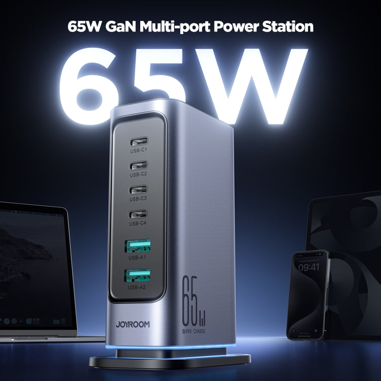 JOYROOM JR-TCM02 6 in 1 65W GaN 4 USB-C & 2 USB-A Multi-port Charger, Power Plug:EU Plug(Dark Gray) - free shipping - PMC Jewellery - Order now!