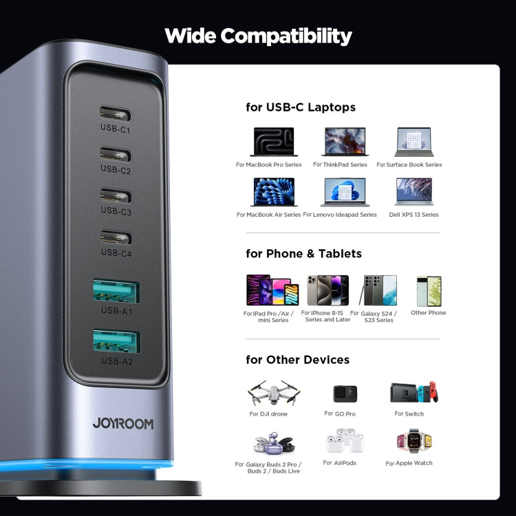 JOYROOM JR-TCM02 6 in 1 65W GaN 4 USB-C & 2 USB-A Multi-port Charger, Power Plug:EU Plug(Dark Gray) - free shipping - PMC Jewellery - Order now!