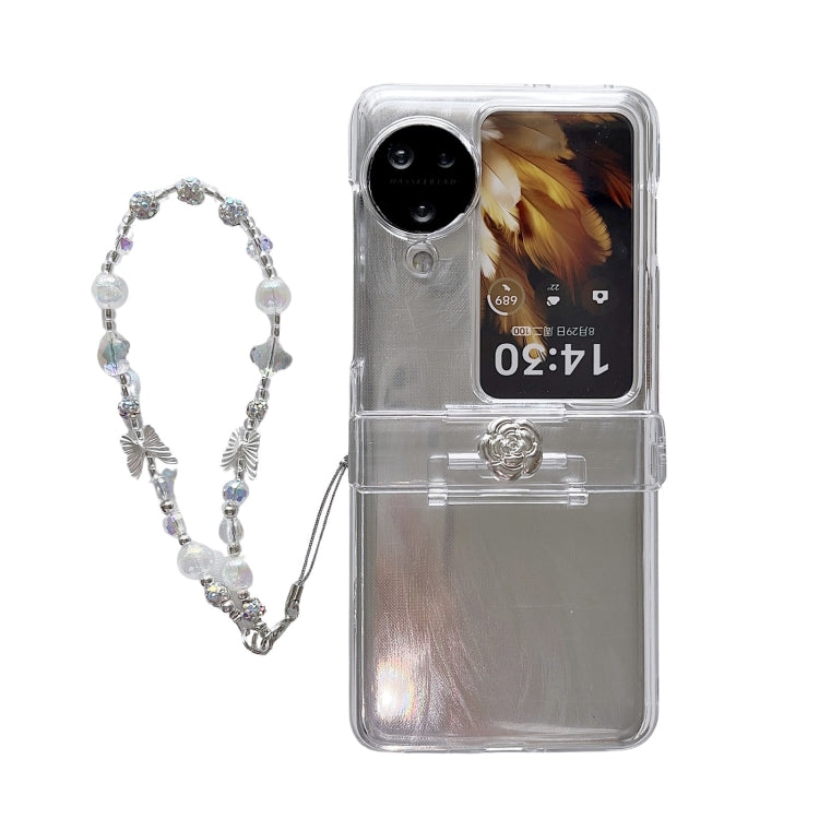 For OPPO Find N3 Flip Skin Feel PC Feather Gauze Glitter Paper Camellia Phone Case with Bracelet(Transparent) - OPPO Cases by PMC TechLife | Online Shopping South Africa | PMC TechLife | Buy Now Pay Later Mobicred
