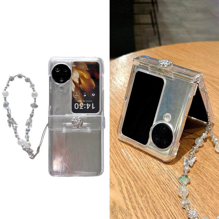 For OPPO Find N3 Flip Skin Feel PC Feather Gauze Glitter Paper Camellia Phone Case with Bracelet(Transparent) - OPPO Cases by PMC TechLife | Online Shopping South Africa | PMC TechLife | Buy Now Pay Later Mobicred