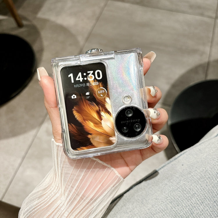 For OPPO Find N3 Flip Skin Feel PC Feather Gauze Glitter Paper Camellia Phone Case with Bracelet(Transparent) - OPPO Cases by PMC TechLife | Online Shopping South Africa | PMC TechLife | Buy Now Pay Later Mobicred