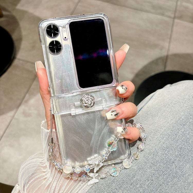 For OPPO Find N2 Flip Skin Feel PC Feather Gauze Glitter Paper Camellia Phone Case with Bracelet(Transparent) - Find N2 Flip Cases by PMC TechLife | Online Shopping South Africa | PMC TechLife