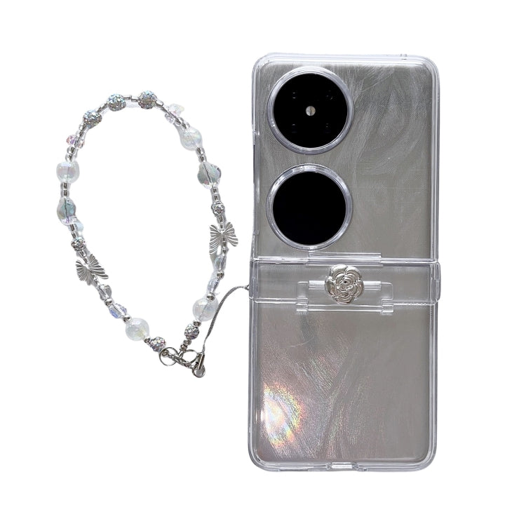 For Huawei Pocket 2 Skin Feel PC Feather Gauze Glitter Paper Camellia Phone Case with Bracelet(Transparent) - Huawei Cases by PMC TechLife | Online Shopping South Africa | PMC TechLife | Buy Now Pay Later Mobicred