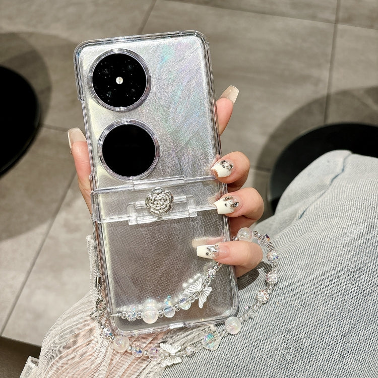 For Huawei Pocket 2 Skin Feel PC Feather Gauze Glitter Paper Camellia Phone Case with Bracelet(Transparent) - Huawei Cases by PMC TechLife | Online Shopping South Africa | PMC TechLife | Buy Now Pay Later Mobicred