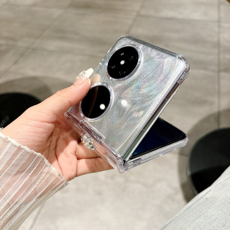 For Huawei P50 Pocket Skin Feel PC Feather Gauze Glitter Paper Camellia Phone Case with Bracelet(Transparent) - Huawei Cases by PMC TechLife | Online Shopping South Africa | PMC TechLife | Buy Now Pay Later Mobicred