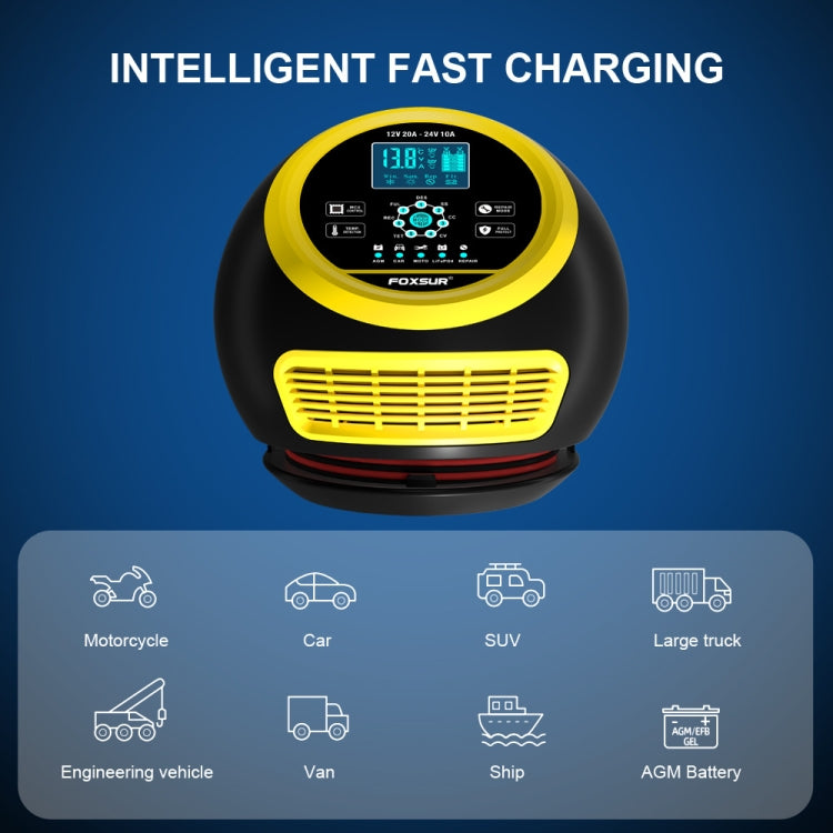 FOXSUR 20A 12V 24V Car / Motorcycle Smart Battery Charger, Plug Type:UK Plug(Yellow) - free shipping - PMC TechLife - Order now!