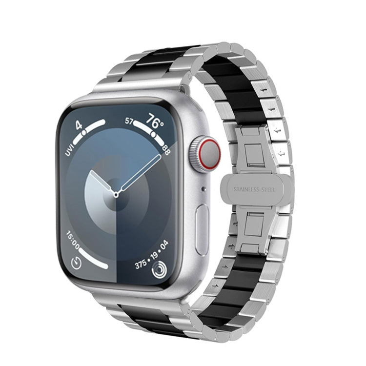 For Apple Watch SE 2022 44mm Three-bead Butterfly Buckle Metal Watch Band(Silver Black) - Watch Bands by PMC TechLife | Online Shopping South Africa | PMC TechLife