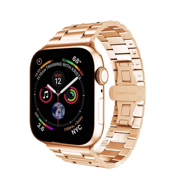 For Apple Watch Series 2 42mm Three-bead Butterfly Buckle Metal Watch Band(Rose Gold) - Watch Bands by PMC TechLife | Online Shopping South Africa | PMC TechLife