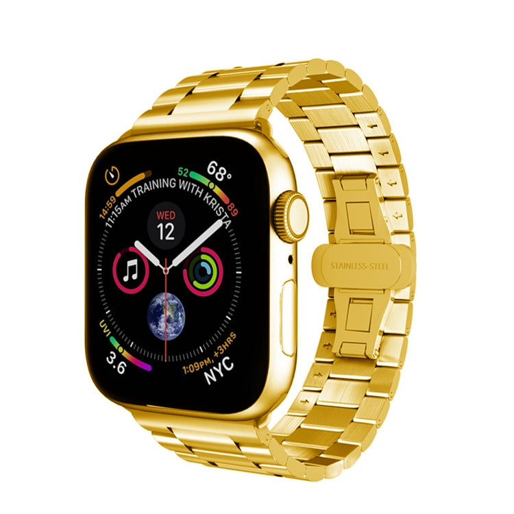For Apple Watch 38mm Three-bead Butterfly Buckle Metal Watch Band(Gold) - Watch Bands by PMC TechLife | Online Shopping South Africa | PMC TechLife