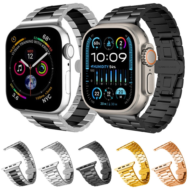 For Apple Watch Series 7 41mm Three-bead Butterfly Buckle Metal Watch Band(Silver Black) - Watch Bands by PMC TechLife | Online Shopping South Africa | PMC TechLife