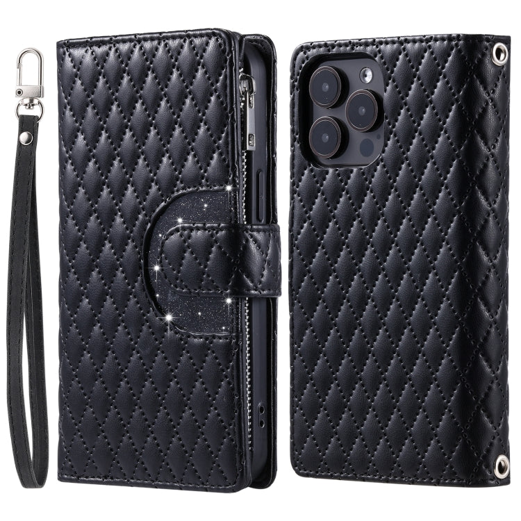 For iPhone 16 Pro Glitter Lattice Zipper Wallet Leather Phone Case(Black) - iPhone 16 Pro Cases by PMC TechLife | Online Shopping South Africa | PMC TechLife | Buy Now Pay Later Mobicred
