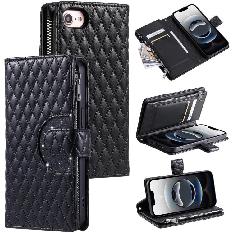 For iPhone 16e Glitter Lattice Zipper Wallet Leather Phone Case(Black) - iPhone 16e Cases by PMC TechLife | Online Shopping South Africa | PMC TechLife | Buy Now Pay Later Mobicred