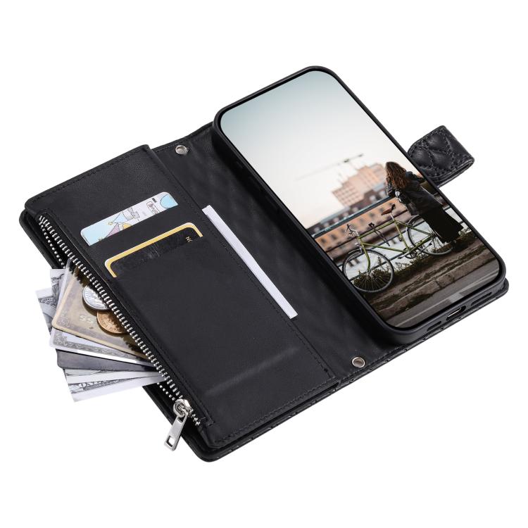 For iPhone 16e Glitter Lattice Zipper Wallet Leather Phone Case(Black) - iPhone 16e Cases by PMC TechLife | Online Shopping South Africa | PMC TechLife | Buy Now Pay Later Mobicred