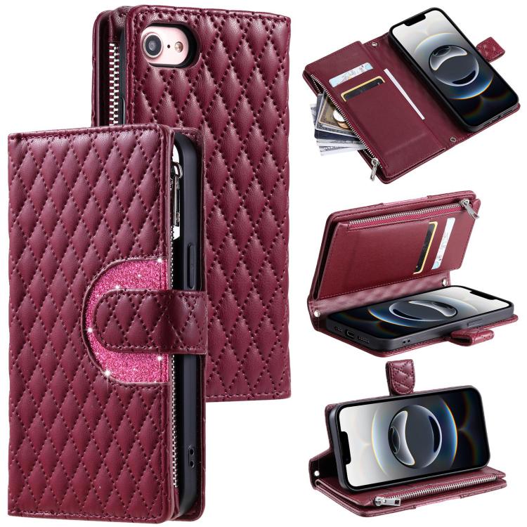 For iPhone 16e Glitter Lattice Zipper Wallet Leather Phone Case(Wine Red) - iPhone 16e Cases by PMC TechLife | Online Shopping South Africa | PMC TechLife | Buy Now Pay Later Mobicred