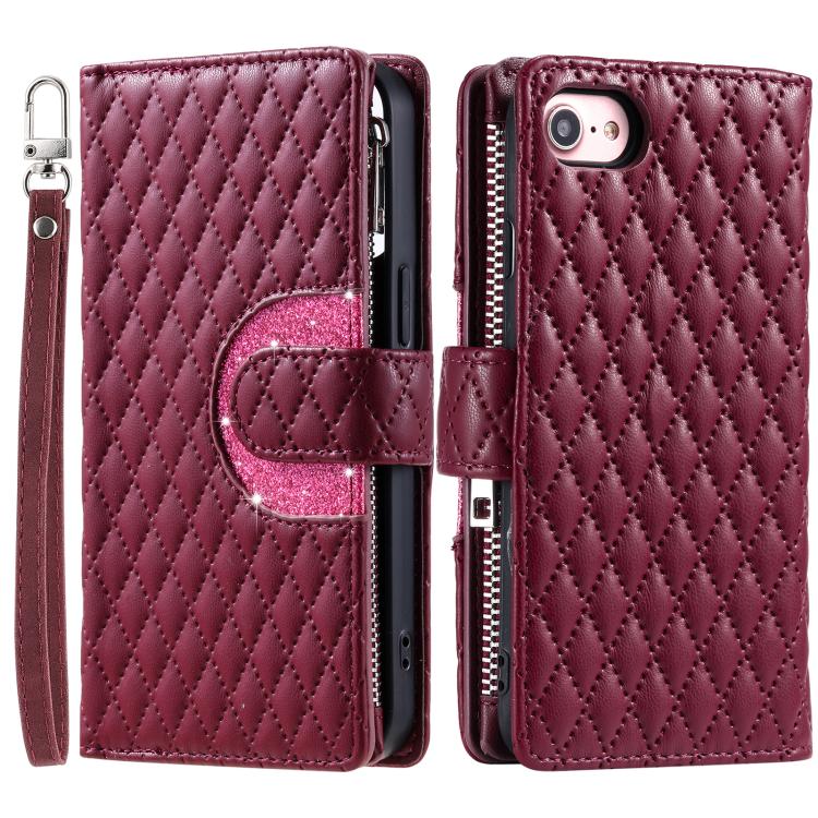 For iPhone 16e Glitter Lattice Zipper Wallet Leather Phone Case(Wine Red) - iPhone 16e Cases by PMC TechLife | Online Shopping South Africa | PMC TechLife | Buy Now Pay Later Mobicred