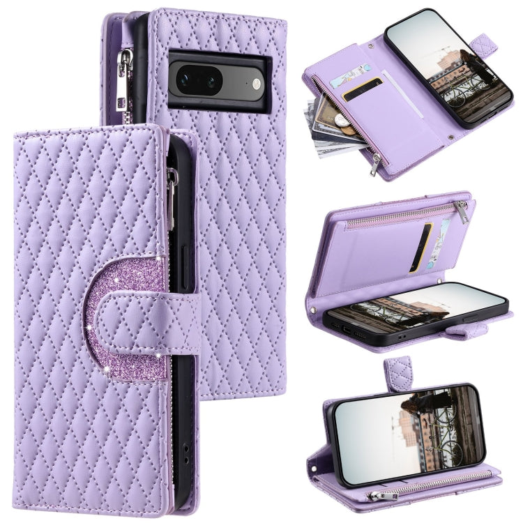 For Google Pixel 7 5G Glitter Lattice Zipper Wallet Leather Phone Case(Purple) - Google Cases by PMC TechLife | Online Shopping South Africa | PMC TechLife | Buy Now Pay Later Mobicred