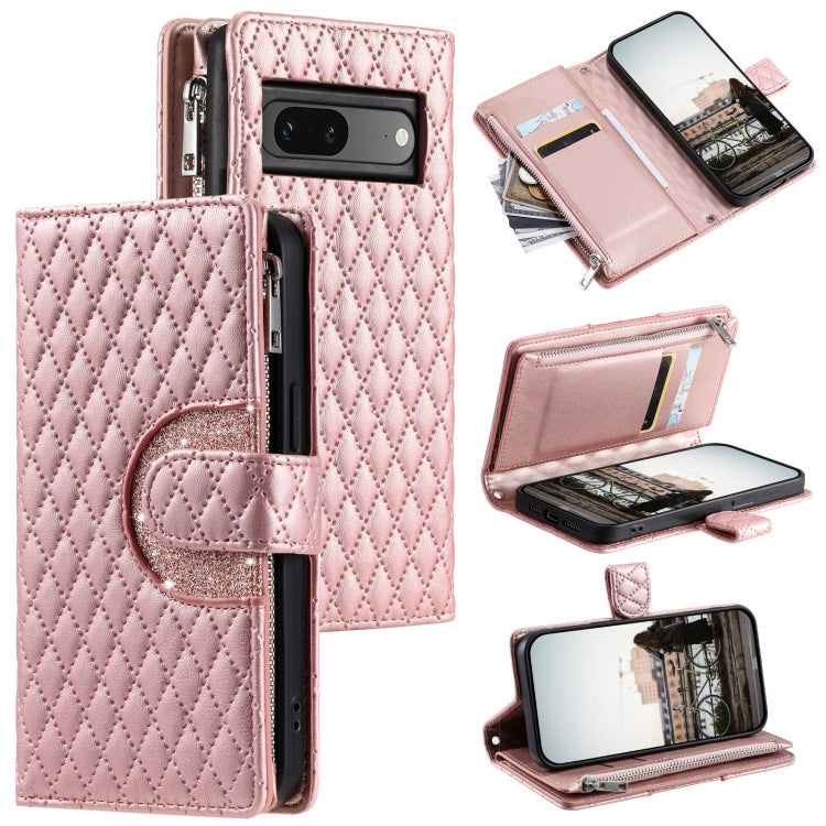 For Google Pixel 7 5G Glitter Lattice Zipper Wallet Leather Phone Case(Rose Gold) - Google Cases by PMC TechLife | Online Shopping South Africa | PMC TechLife | Buy Now Pay Later Mobicred