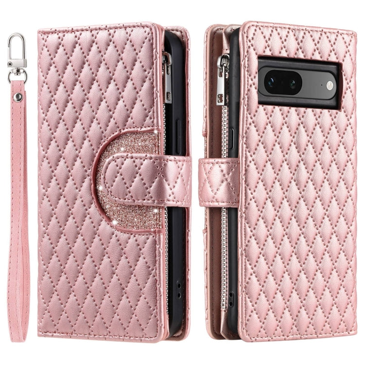 For Google Pixel 7 5G Glitter Lattice Zipper Wallet Leather Phone Case(Rose Gold) - Google Cases by PMC TechLife | Online Shopping South Africa | PMC TechLife | Buy Now Pay Later Mobicred