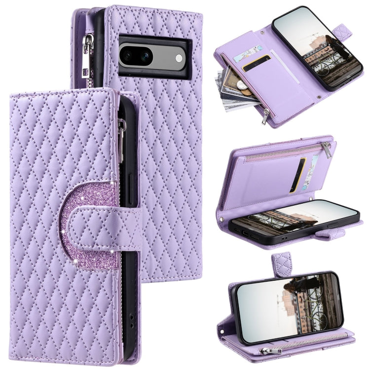 For Google Pixel 7a Glitter Lattice Zipper Wallet Leather Phone Case(Purple) - Google Cases by PMC TechLife | Online Shopping South Africa | PMC TechLife | Buy Now Pay Later Mobicred