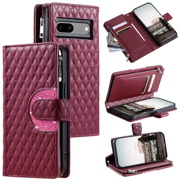For Google Pixel 7a Glitter Lattice Zipper Wallet Leather Phone Case(Wine Red) - Google Cases by PMC TechLife | Online Shopping South Africa | PMC TechLife | Buy Now Pay Later Mobicred