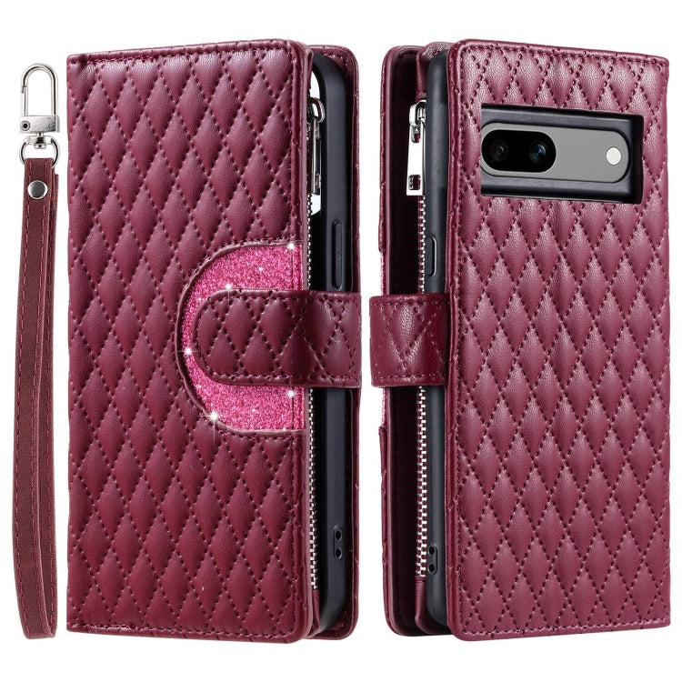 For Google Pixel 7a Glitter Lattice Zipper Wallet Leather Phone Case(Wine Red) - Google Cases by PMC TechLife | Online Shopping South Africa | PMC TechLife | Buy Now Pay Later Mobicred
