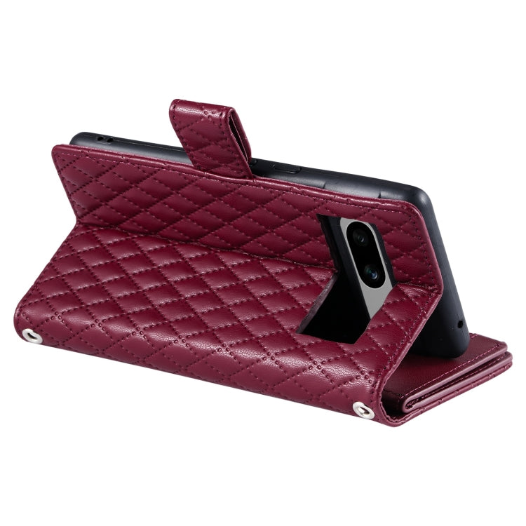 For Google Pixel 7a Glitter Lattice Zipper Wallet Leather Phone Case(Wine Red) - Google Cases by PMC TechLife | Online Shopping South Africa | PMC TechLife | Buy Now Pay Later Mobicred