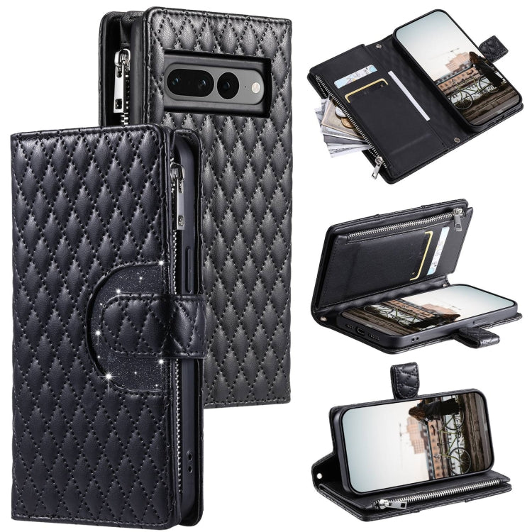 For Google Pixel 7 Pro 5G Glitter Lattice Zipper Wallet Leather Phone Case(Black) - Google Cases by PMC TechLife | Online Shopping South Africa | PMC TechLife | Buy Now Pay Later Mobicred
