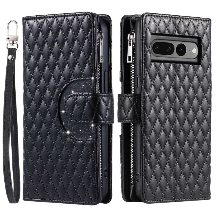 For Google Pixel 7 Pro 5G Glitter Lattice Zipper Wallet Leather Phone Case(Black) - Google Cases by PMC TechLife | Online Shopping South Africa | PMC TechLife | Buy Now Pay Later Mobicred