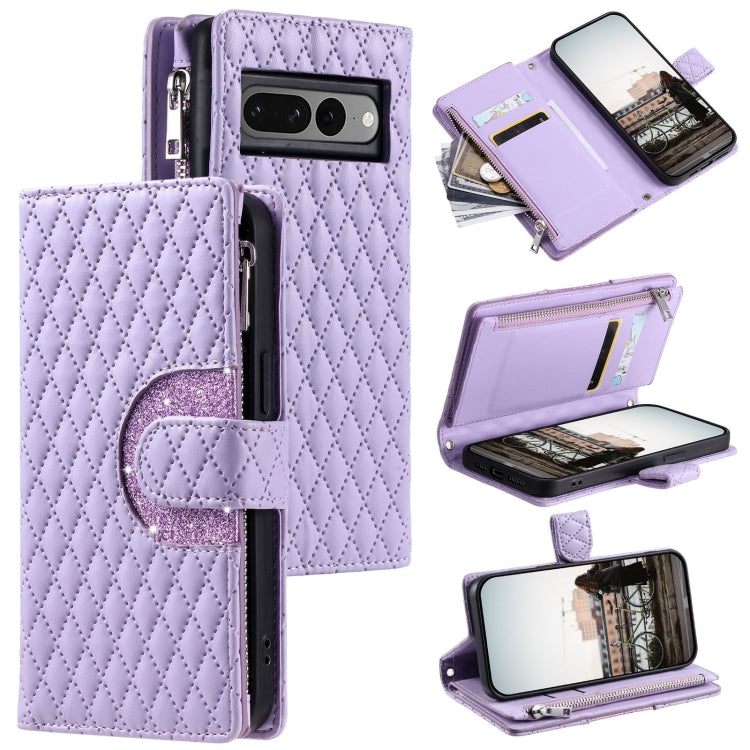 For Google Pixel 7 Pro 5G Glitter Lattice Zipper Wallet Leather Phone Case(Purple) - Google Cases by PMC TechLife | Online Shopping South Africa | PMC TechLife | Buy Now Pay Later Mobicred