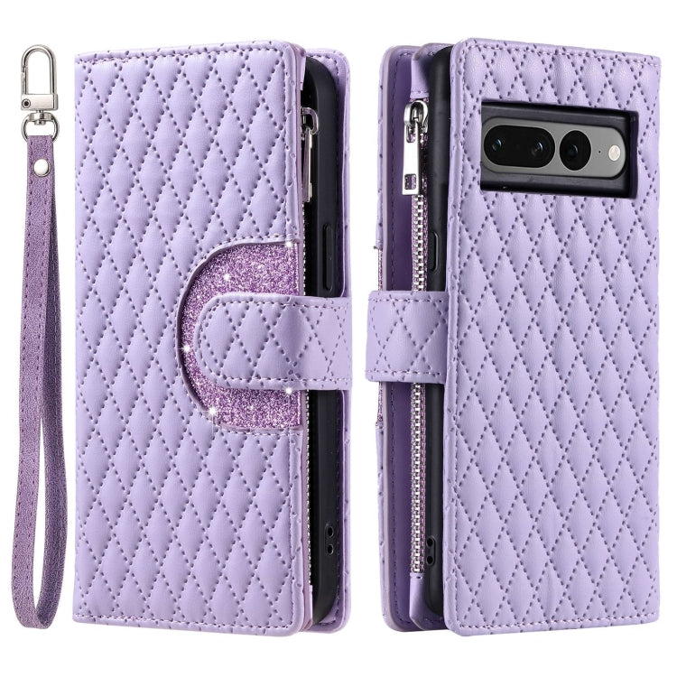 For Google Pixel 7 Pro 5G Glitter Lattice Zipper Wallet Leather Phone Case(Purple) - Google Cases by PMC TechLife | Online Shopping South Africa | PMC TechLife | Buy Now Pay Later Mobicred