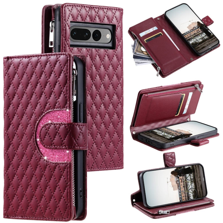 For Google Pixel 7 Pro 5G Glitter Lattice Zipper Wallet Leather Phone Case(Wine Red) - Google Cases by PMC TechLife | Online Shopping South Africa | PMC TechLife | Buy Now Pay Later Mobicred