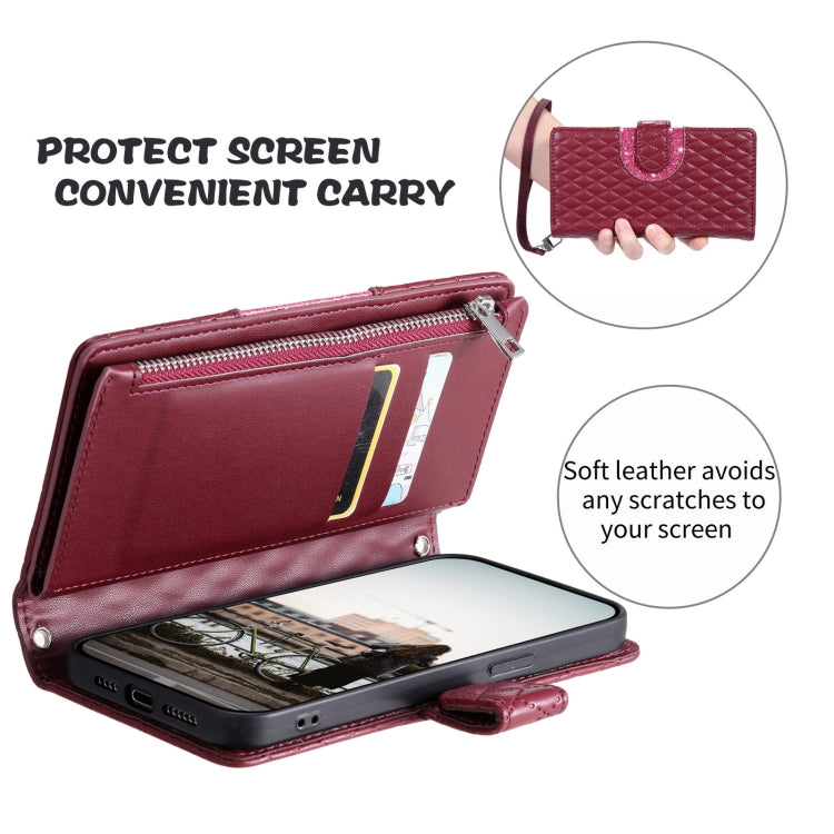 For Google Pixel 7 Pro 5G Glitter Lattice Zipper Wallet Leather Phone Case(Wine Red) - Google Cases by PMC TechLife | Online Shopping South Africa | PMC TechLife | Buy Now Pay Later Mobicred