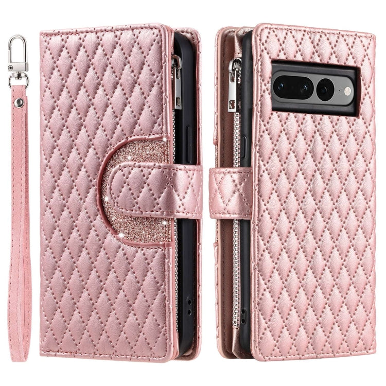 For Google Pixel 7 Pro 5G Glitter Lattice Zipper Wallet Leather Phone Case(Rose Gold) - Google Cases by PMC TechLife | Online Shopping South Africa | PMC TechLife | Buy Now Pay Later Mobicred