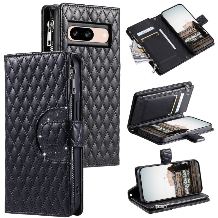 For Google Pixel 8 Glitter Lattice Zipper Wallet Leather Phone Case(Black) - Google Cases by PMC TechLife | Online Shopping South Africa | PMC TechLife | Buy Now Pay Later Mobicred